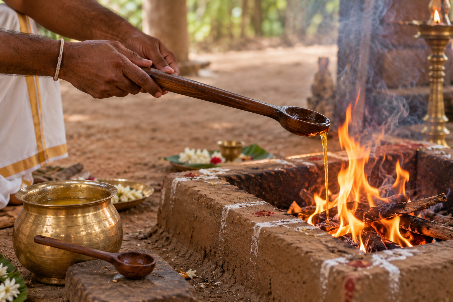 The larger sruk carries a ghee offering into a square sacred fire while the smaller sruva rests beside the ghee vessel.