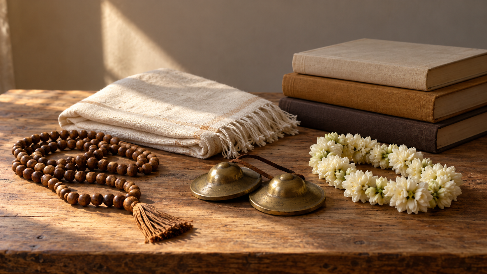 Wooden prayer beads, brass cymbals, a folded shawl, flowers, and blank books rest on a sunlit wooden table.