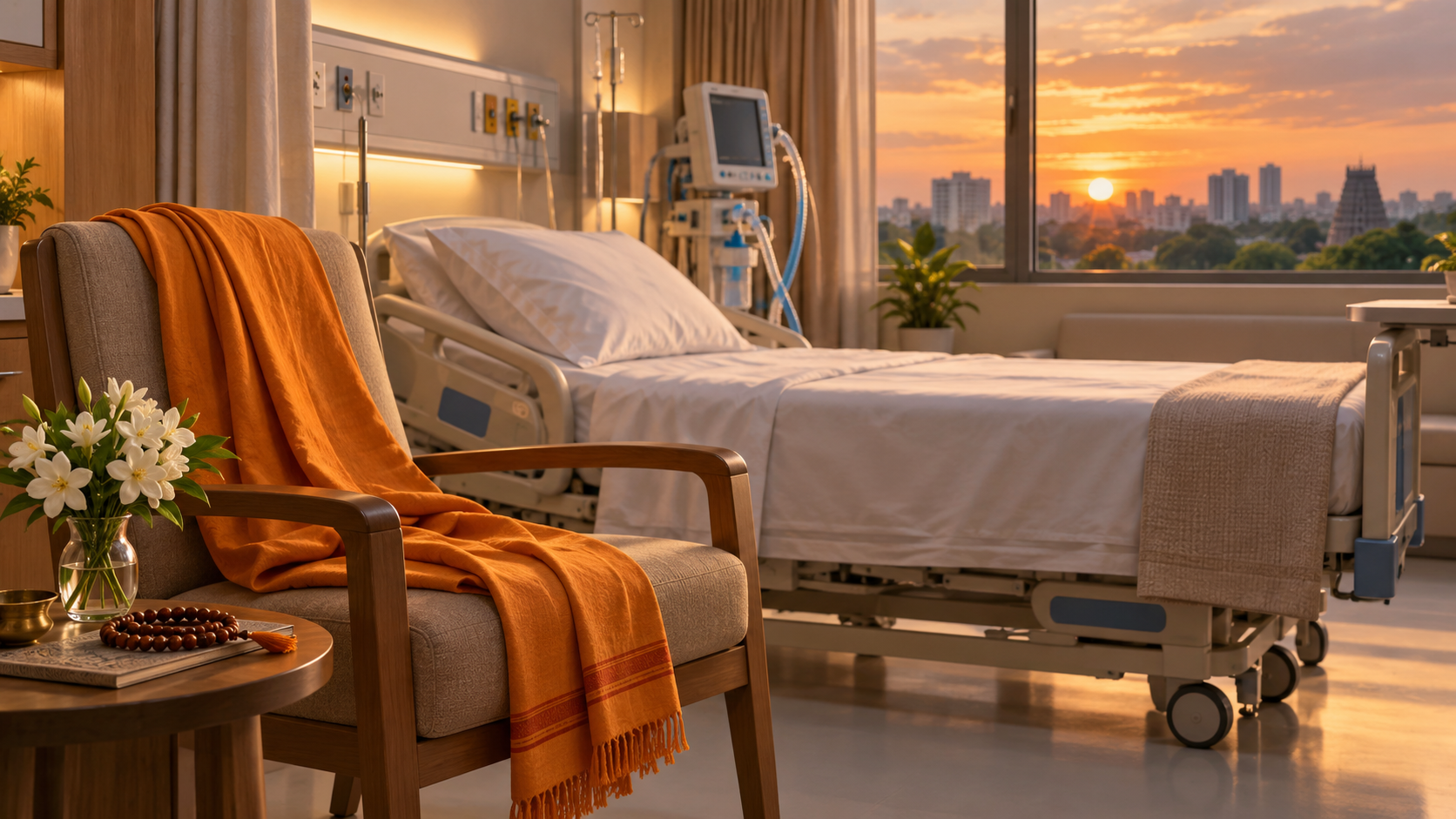 A softly lit hospital room with respiratory equipment, a saffron shawl, prayer beads, and white flowers beside an empty bed.