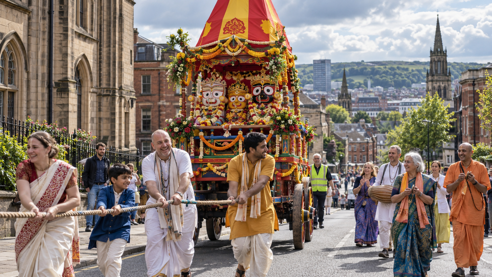 A small multigenerational community pulls a flower-decorated Ratha Yatra chariot through a Sheffield street while musicians play drums and hand cymbals.