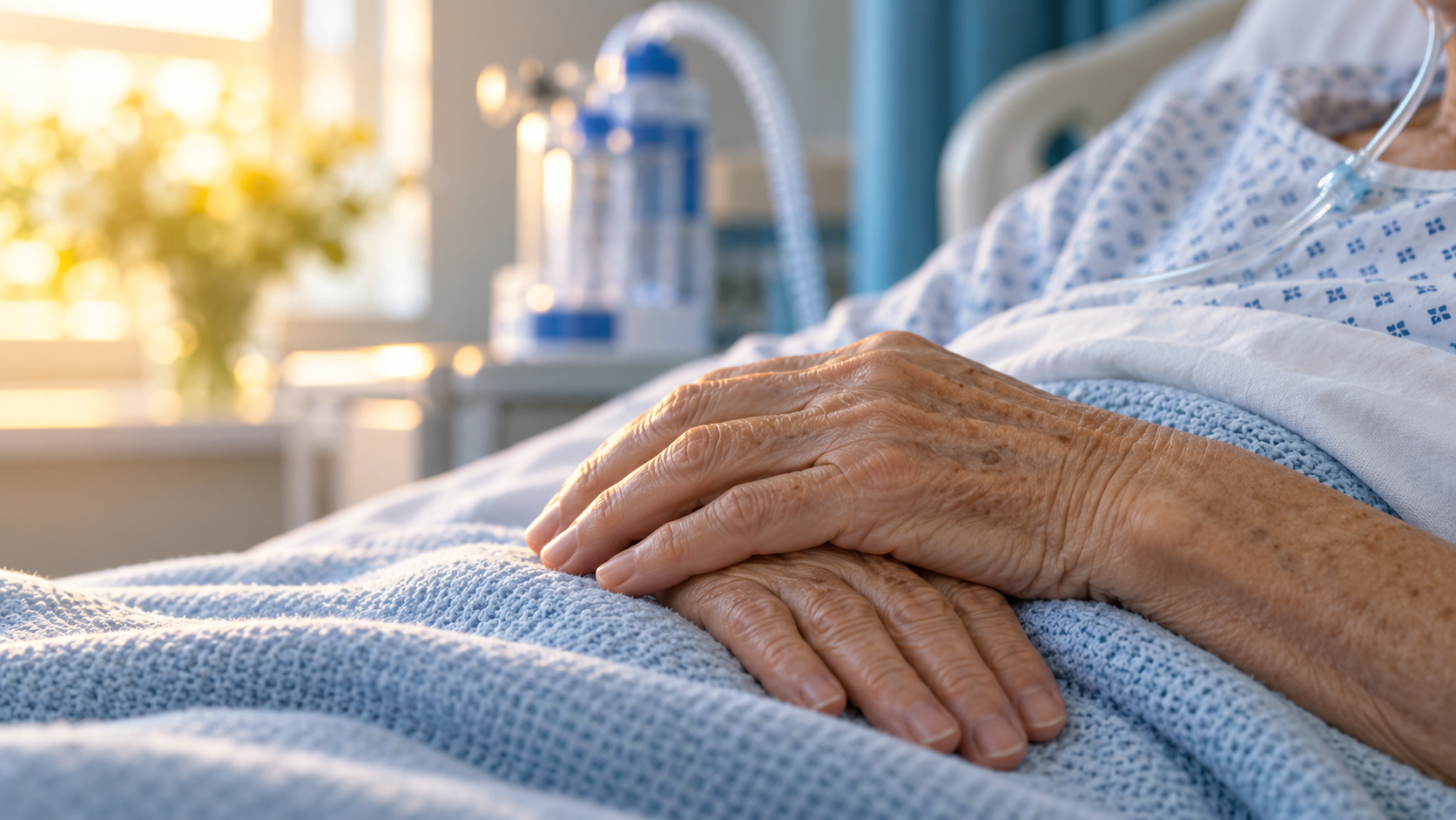 An elderly patient's hands rest on a hospital blanket near an oxygen tube and respiratory support equipment.