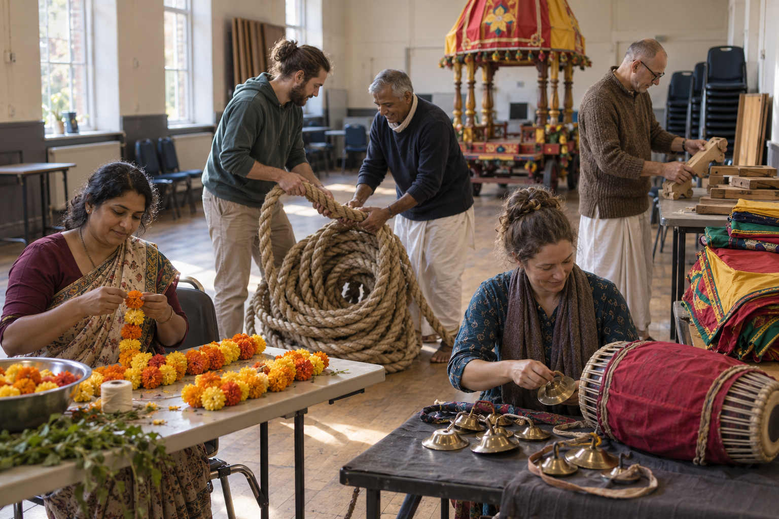 A handful of volunteers prepare flower garlands, ropes, instruments and canopy fabric in a modest community hall.