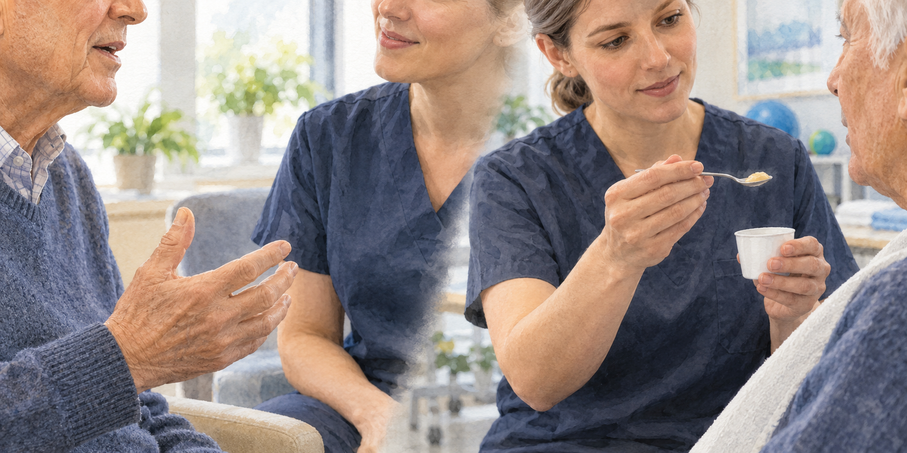 Two clinical scenes show an older patient speaking with a clinician and taking part in a supervised swallowing assessment.