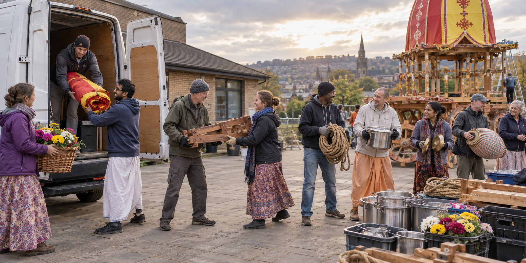 Volunteers unload chariot parts, ropes, flowers, instruments and cooking vessels as a small local team prepares for the festival.