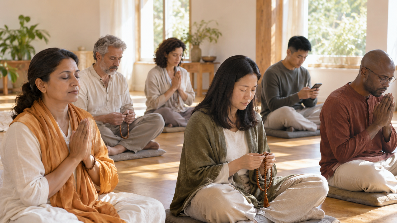 A small group of devotees sits quietly in prayer while one person checks an unbranded phone.