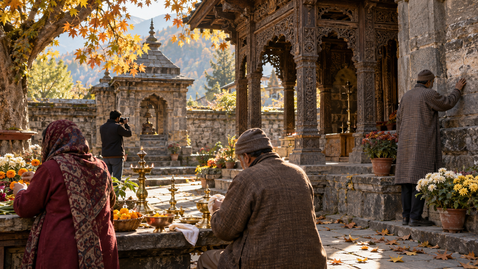 Community volunteers clean lamps, arrange flowers and document carved woodwork in a historic Kashmiri temple courtyard.
