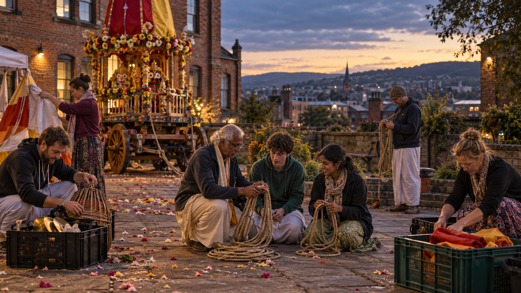 Volunteers pack reusable festival materials beside the decorated chariot while younger helpers learn to coil a rope.