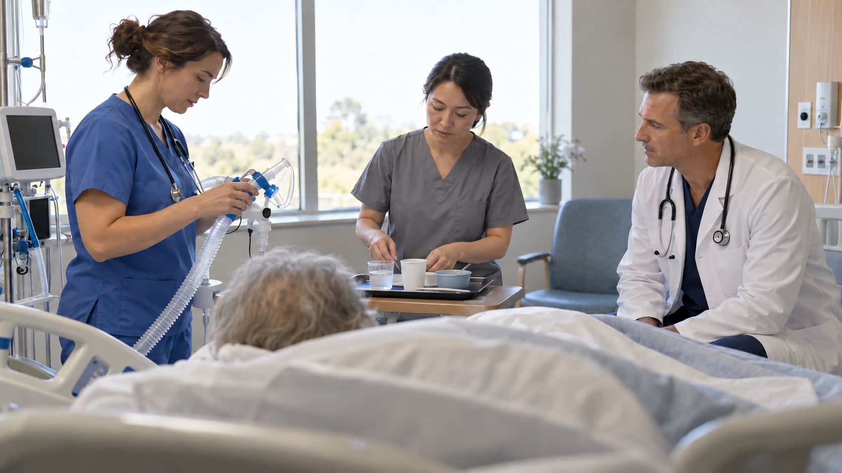 A hospital care team reviews breathing equipment and prepares a swallowing assessment beside an older patient's bed.