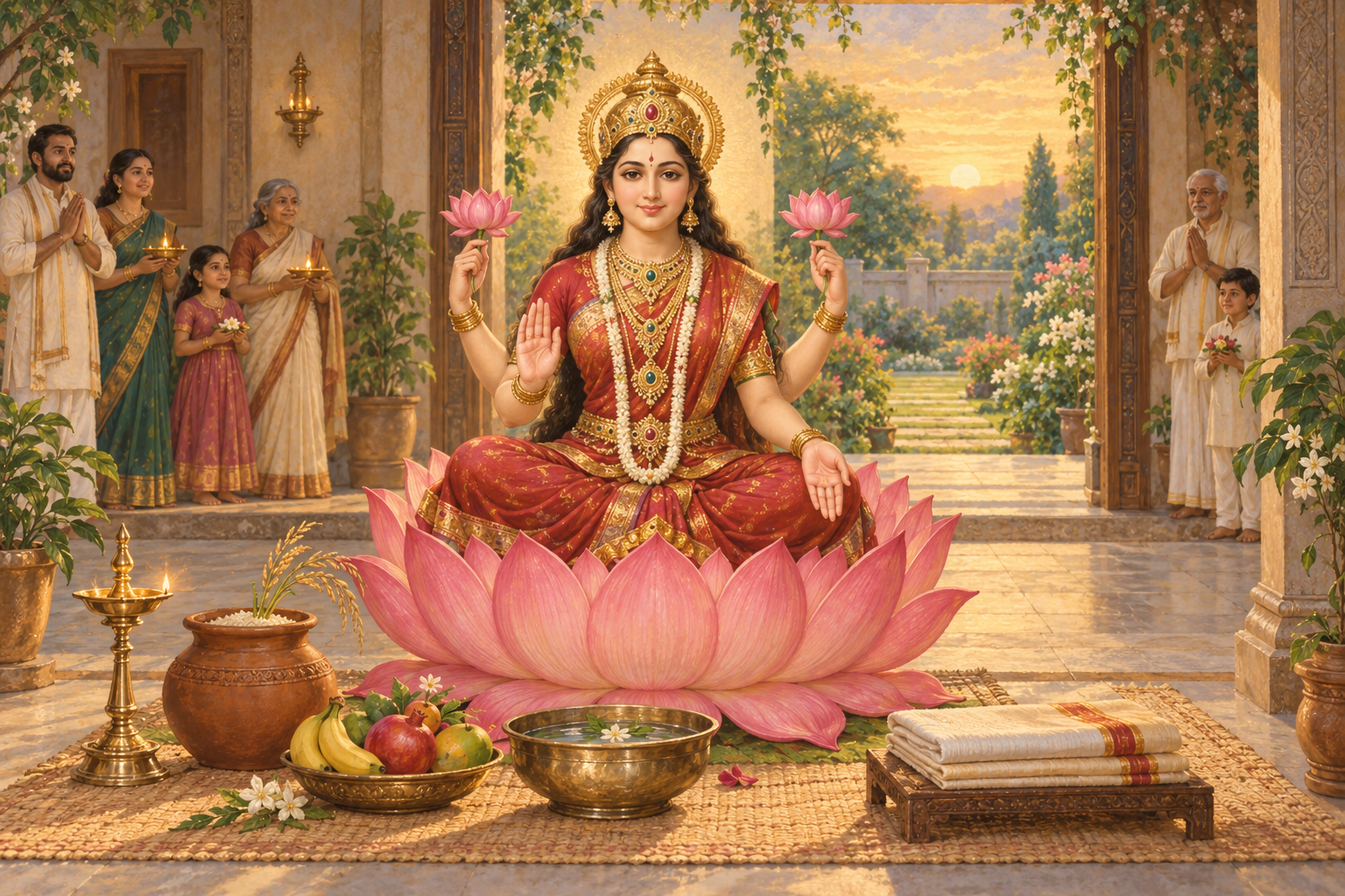 Goddess Lakshmi sits on a pink lotus in a peaceful household courtyard surrounded by lamps, grain, fruit, water, flowers, and a family offering reverence.