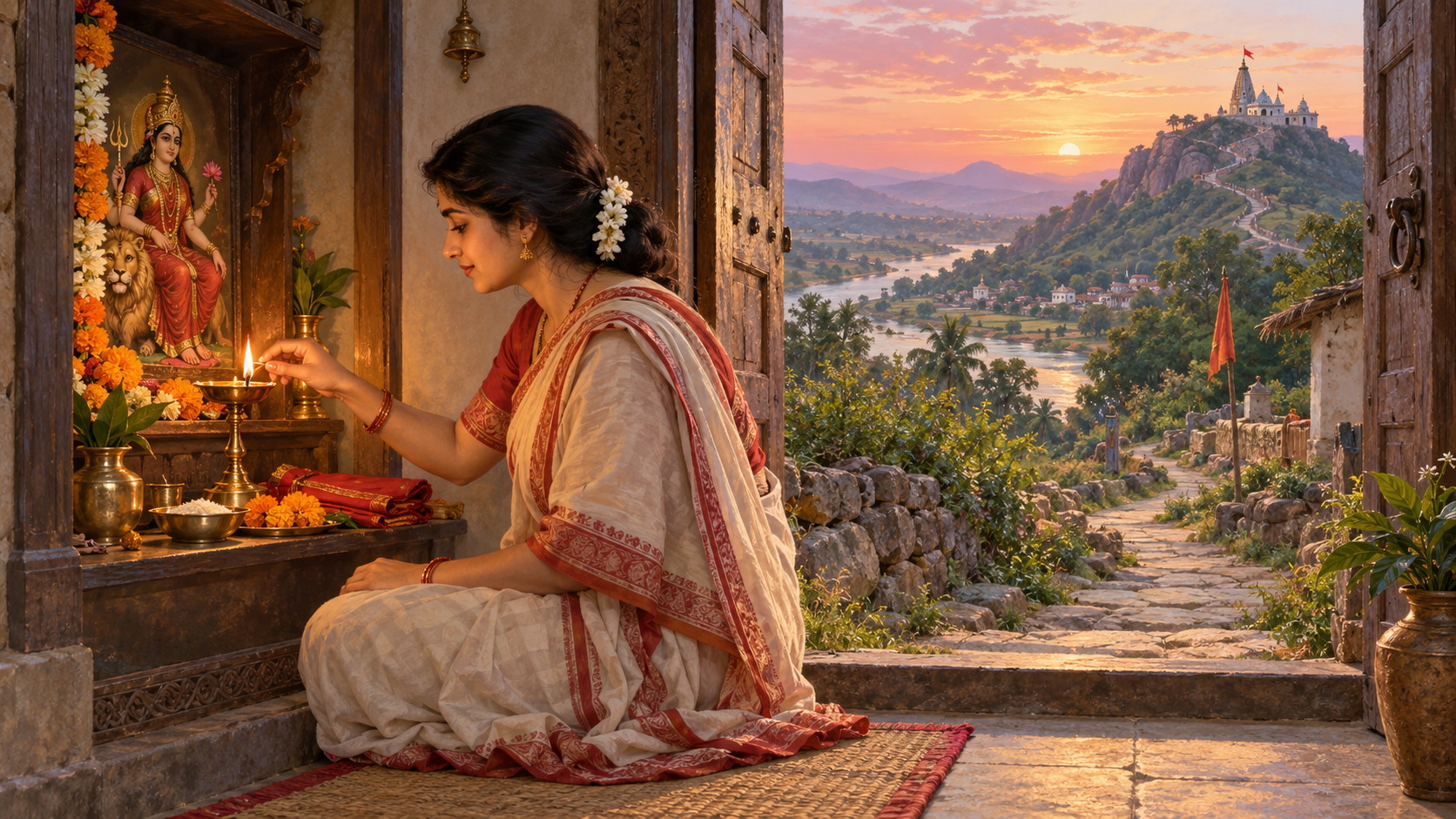 A woman lights a brass oil lamp at a home shrine while a path outside leads toward a distant temple in the hills.