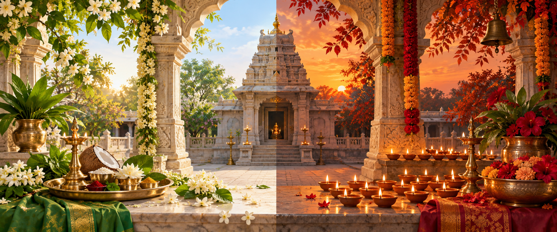 A split seasonal scene shows a spring temple courtyard beside an autumn temple courtyard with flowers, lamps, and puja items.
