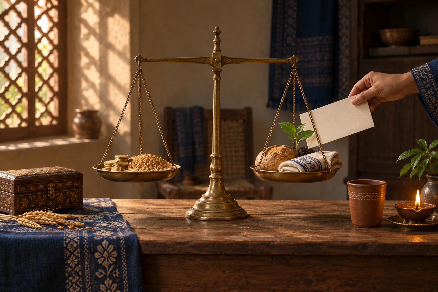 A level brass scale balances coins and grain against food, cloth, a seedling, and an unmarked envelope on a lamplit wooden table.