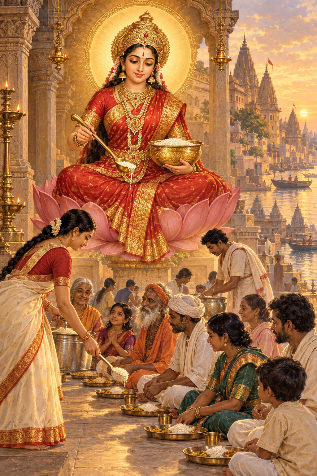 Goddess Annapurna holds a food bowl and serving ladle above a scene of volunteers serving a communal meal.