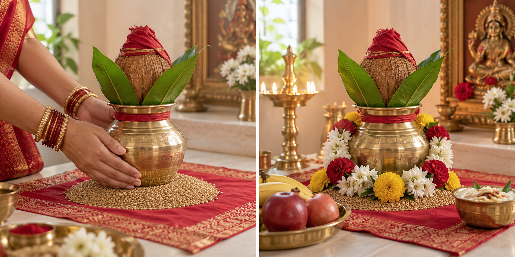 Two adjoining puja scenes show a kalasha being established and the altar refreshed the following morning with flowers, fruit, and a lamp.