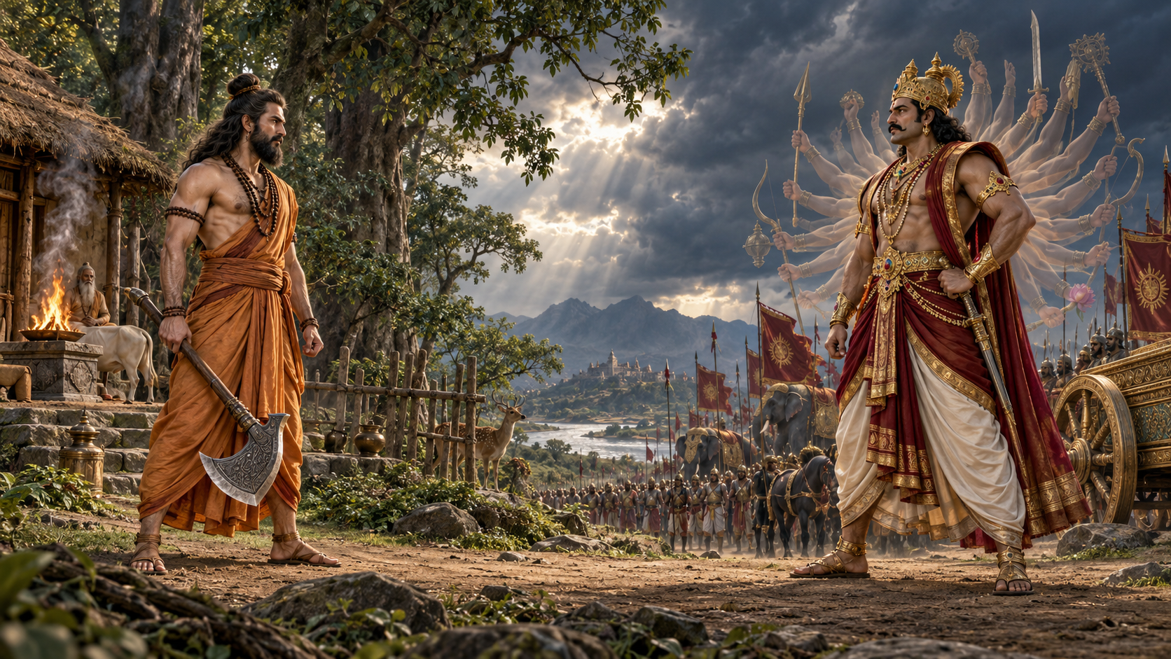 Parashurama holds an axe while facing the crowned Kartavirya Arjuna between a forest hermitage and a distant royal army.