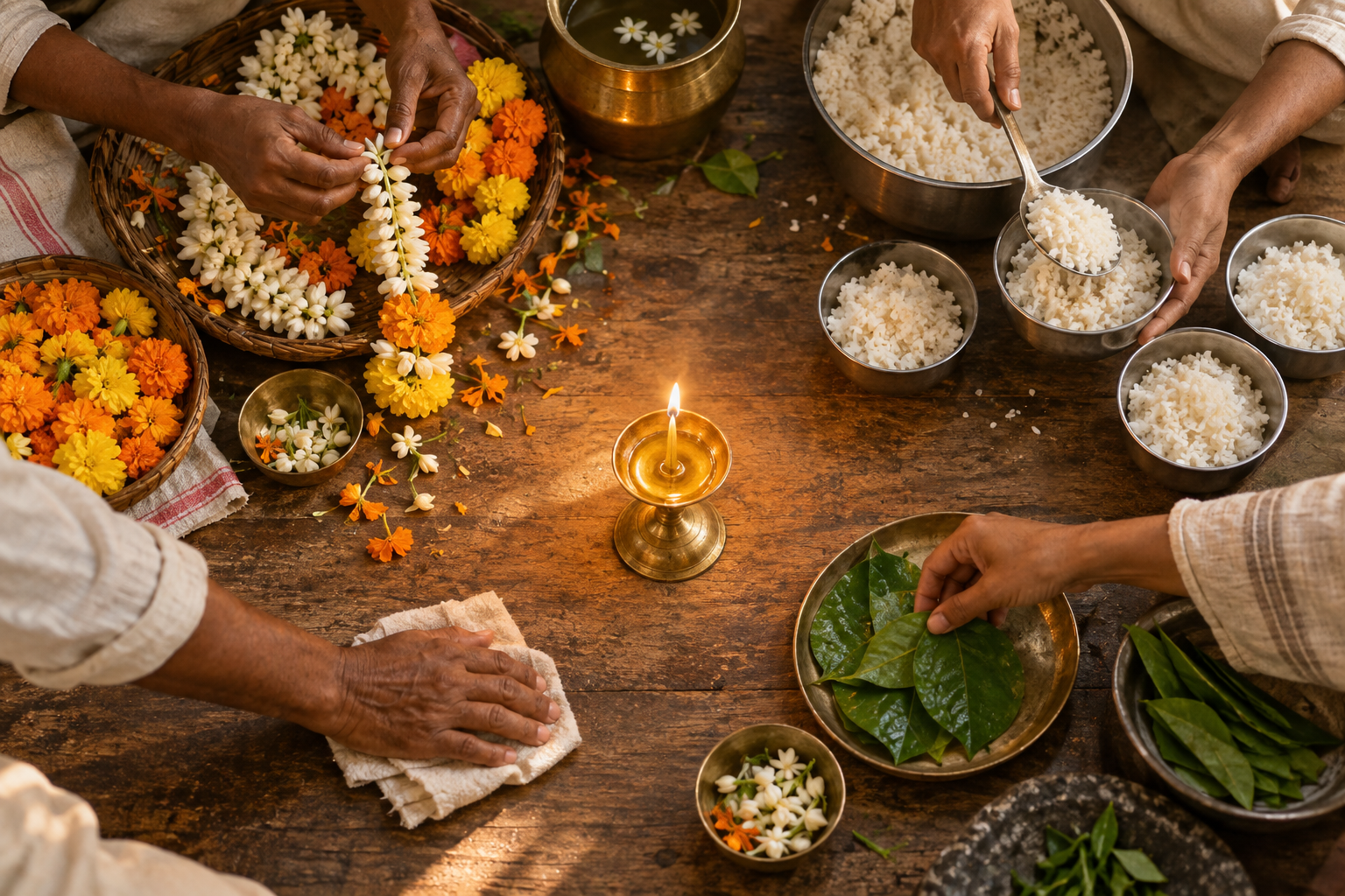 Several pairs of hands arrange flowers, rice bowls, leaves, and a brass lamp together on a low wooden surface.