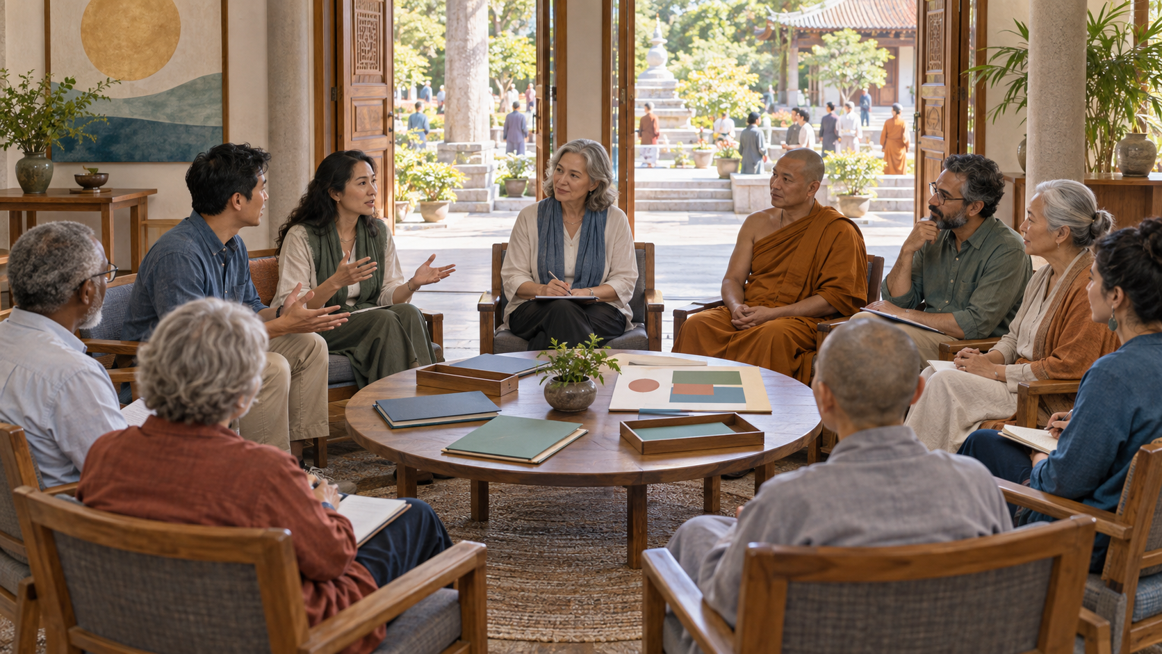 A diverse temple council meets in an open semicircle with a facilitator, clearly arranged seats, blank folders, and doors opening toward the congregation.