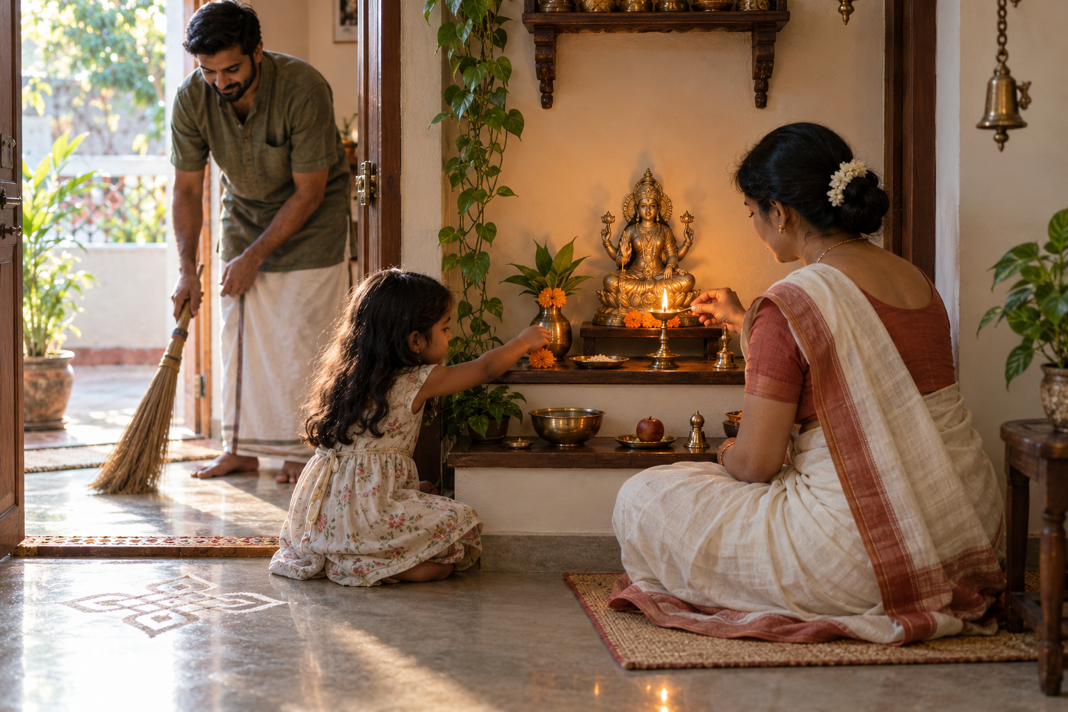 A family maintains a simple home shrine as one person lights a brass lamp, another sweeps, and a child places a flower.