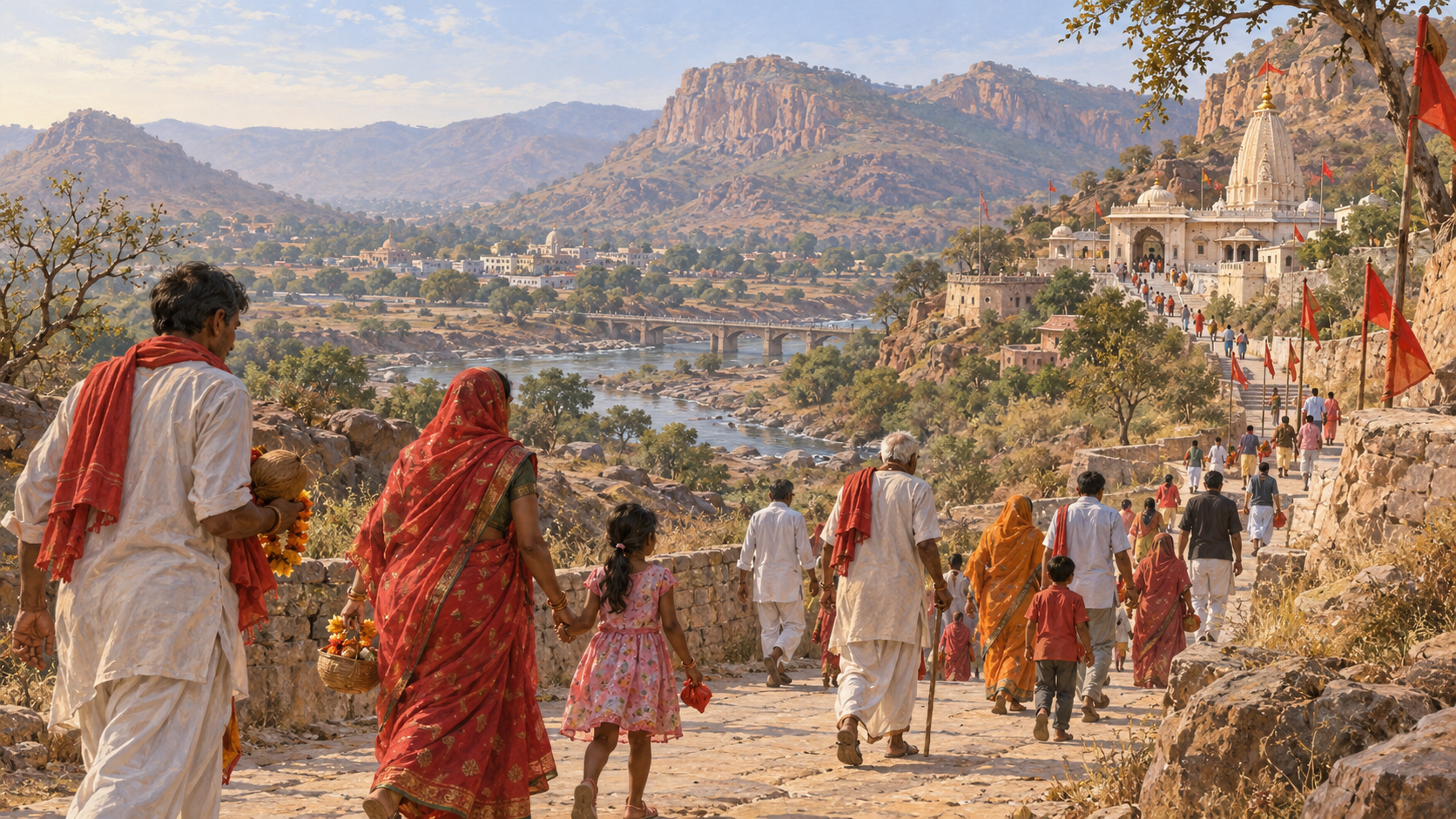 Pilgrims carrying flowers and coconuts walk toward a pale-stone temple amid the hills near Karauli, Rajasthan.