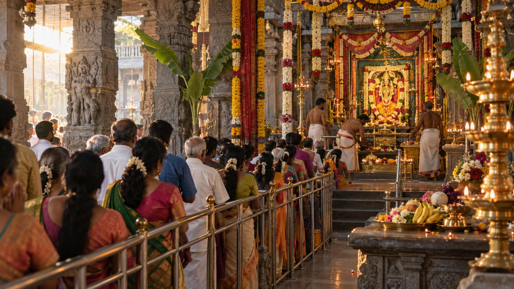 Priests prepare a flower-decorated temple shrine while worshippers wait in an orderly darshan queue.
