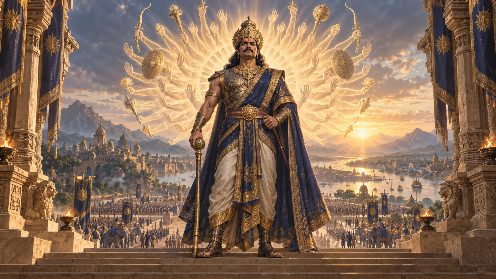 A crowned Kartavirya Arjuna stands above a river valley with many luminous arms arranged behind him as a symbol of his legendary thousand arms.