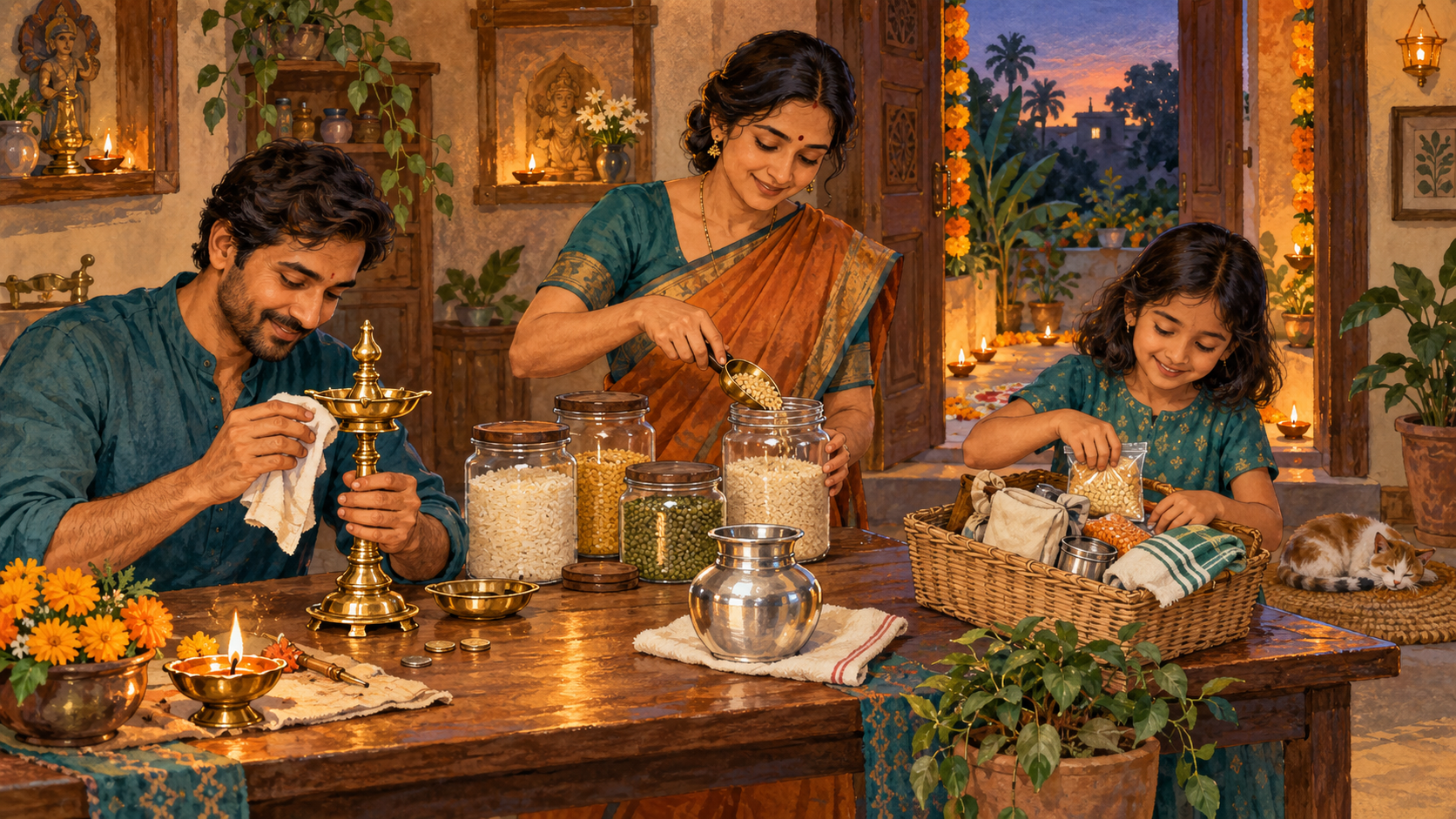 A family repairs a brass lamp, stores grain, and prepares a basket of food and household goods beside a decorated Dhanteras threshold.