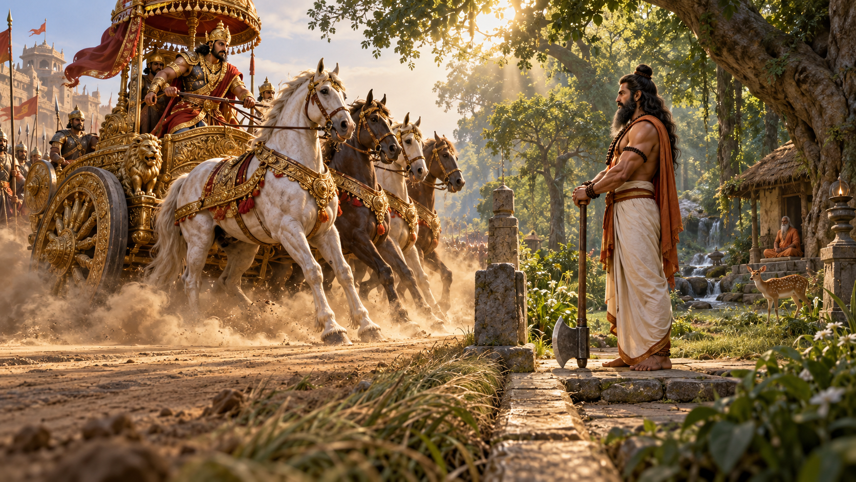 Parashurama stands at the boundary of a forest hermitage as a powerful royal chariot comes to a halt before him.