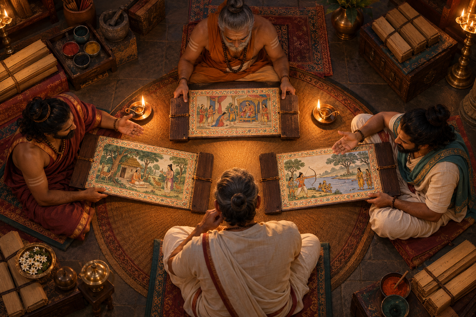 Three storytellers present different illustrated folios to a seated scholar in a lamplit study.
