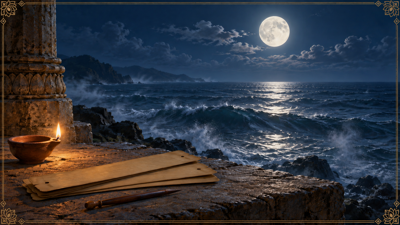 A full Moon shines over a swelling ocean beside blank palm-leaf folios, a wooden stylus, and a clay oil lamp.
