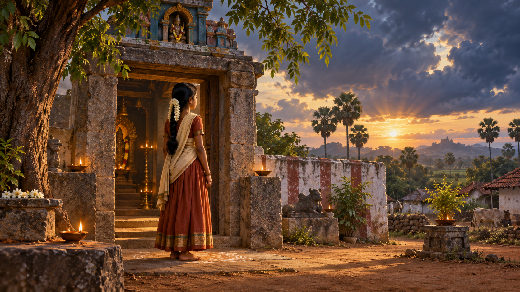 A young Tamil girl stands at the lamp-lit threshold of a rural South Indian temple at dawn.