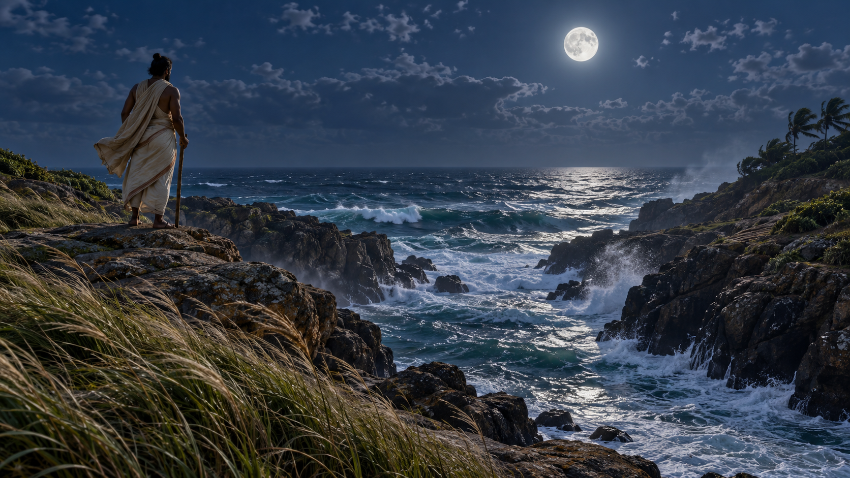 An ancient observer watches moonlit waves surge into a rocky inlet as wind bends the coastal grasses.