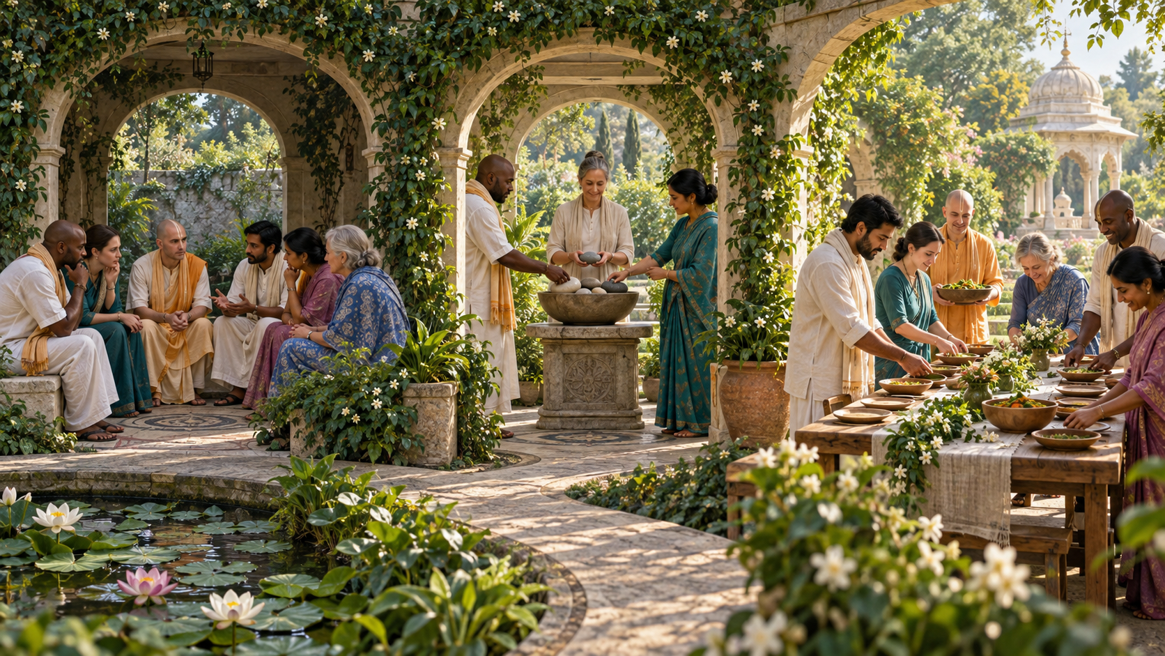 Two groups move through connected courtyards from a listening circle with a facilitator to preparing a communal meal together.