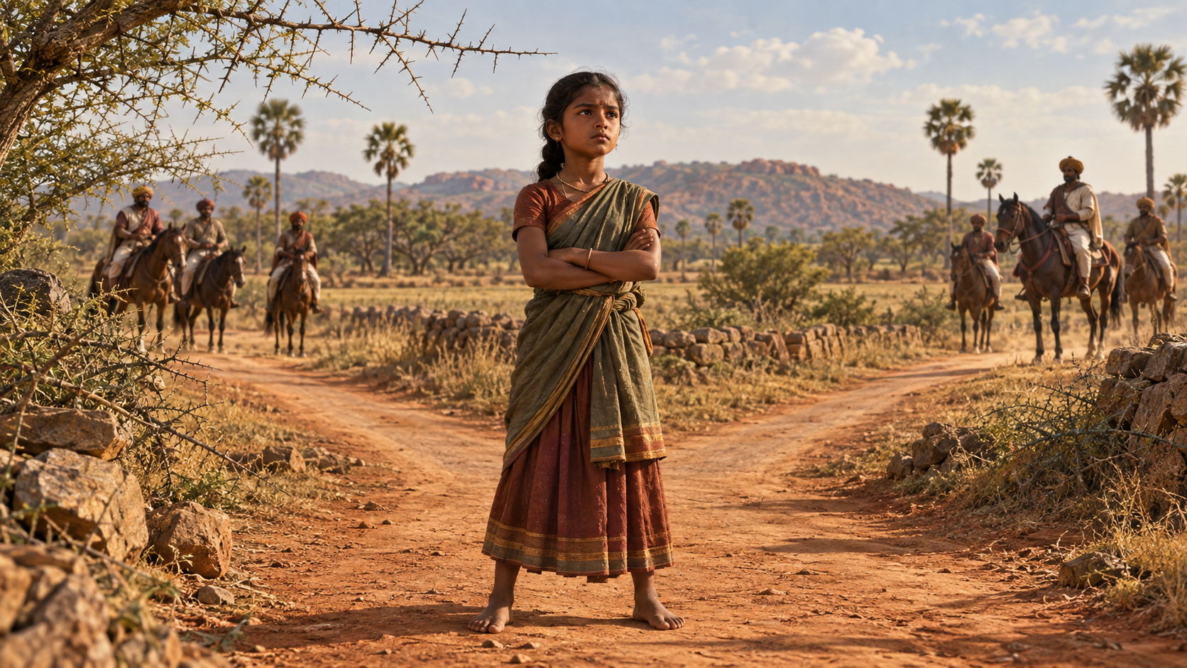 A composed village girl faces distant mounted pursuers on a forked rural path in southern Tamil Nadu.