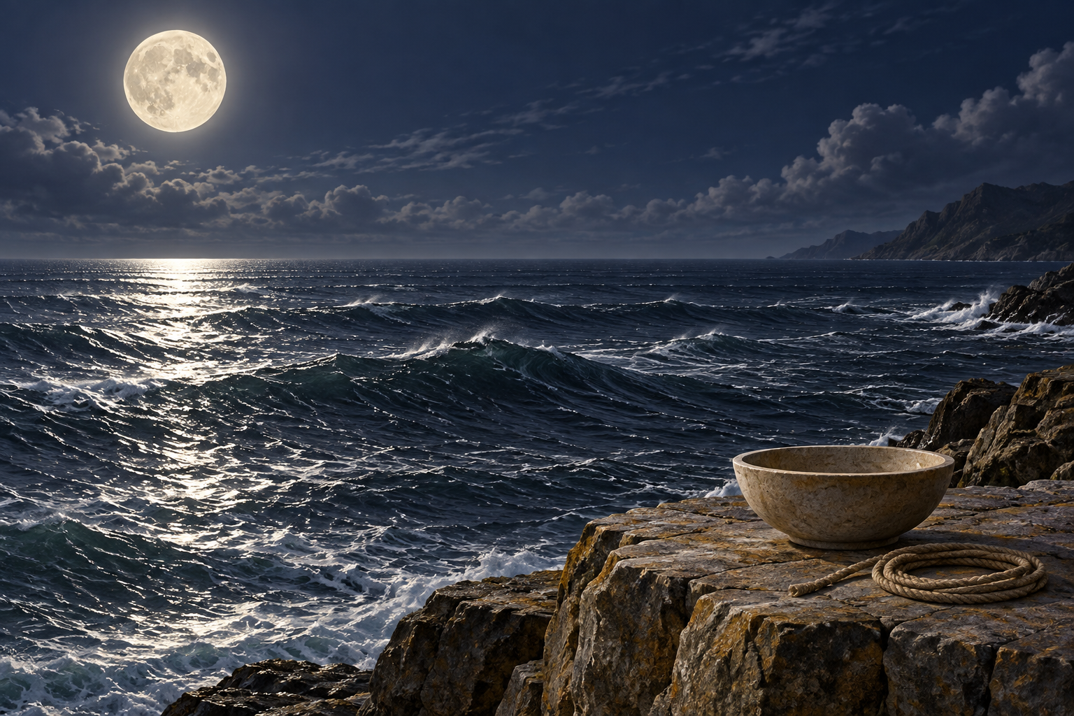 Moonlit ocean swells and wind-driven ripples appear beside an unused bowl and unmarked cord on a stone platform.