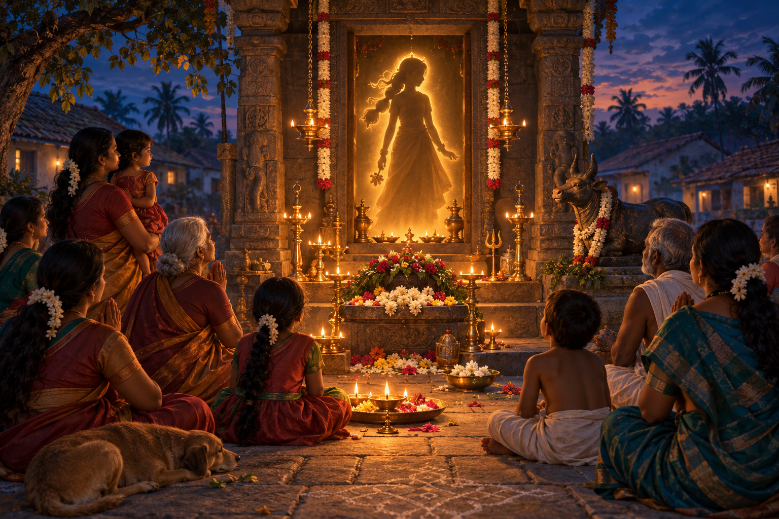 Villagers gather with lamps and flowers as a youthful protective silhouette glows at a shrine entrance.