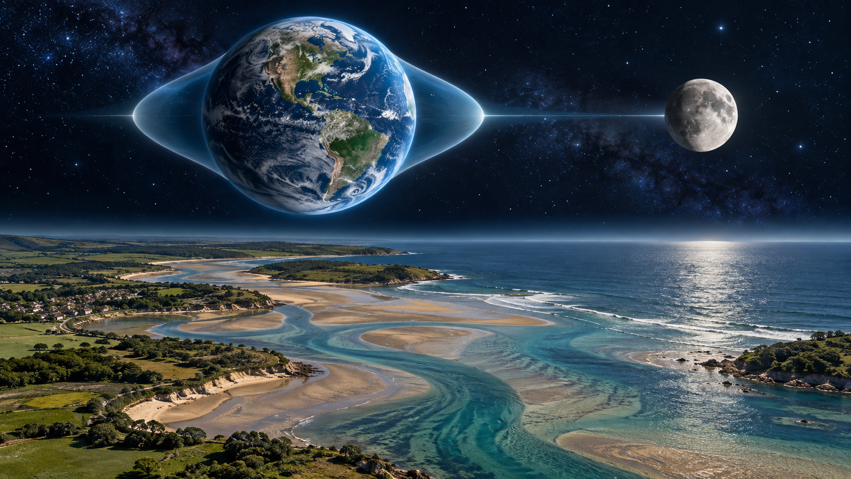 Earth and the Moon appear above a coastal estuary, with ocean bulges and seafloor contours illustrating global and local tidal effects.