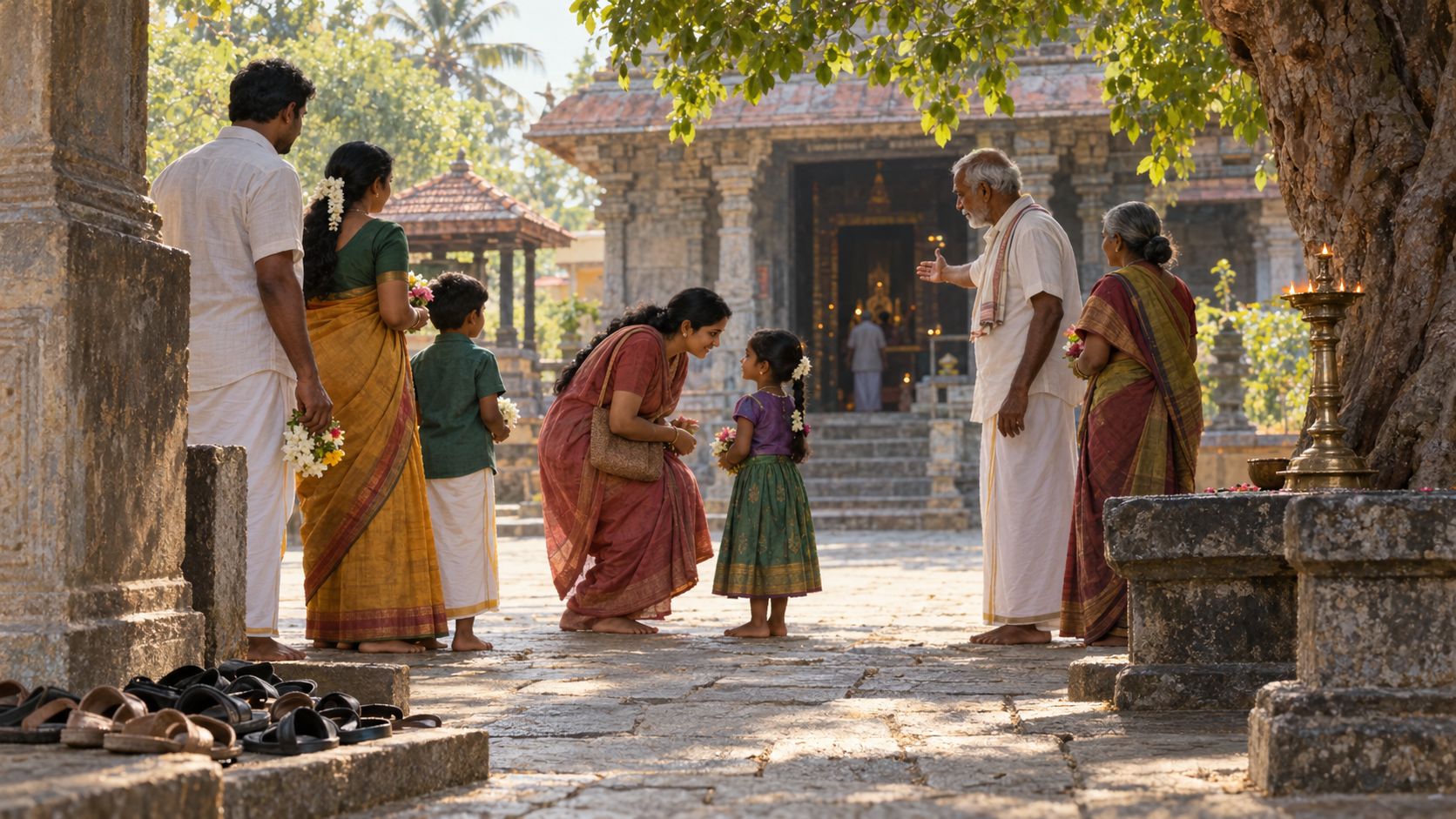 Visitors carrying flowers listen to an elder in a peaceful rural Tamil temple courtyard.