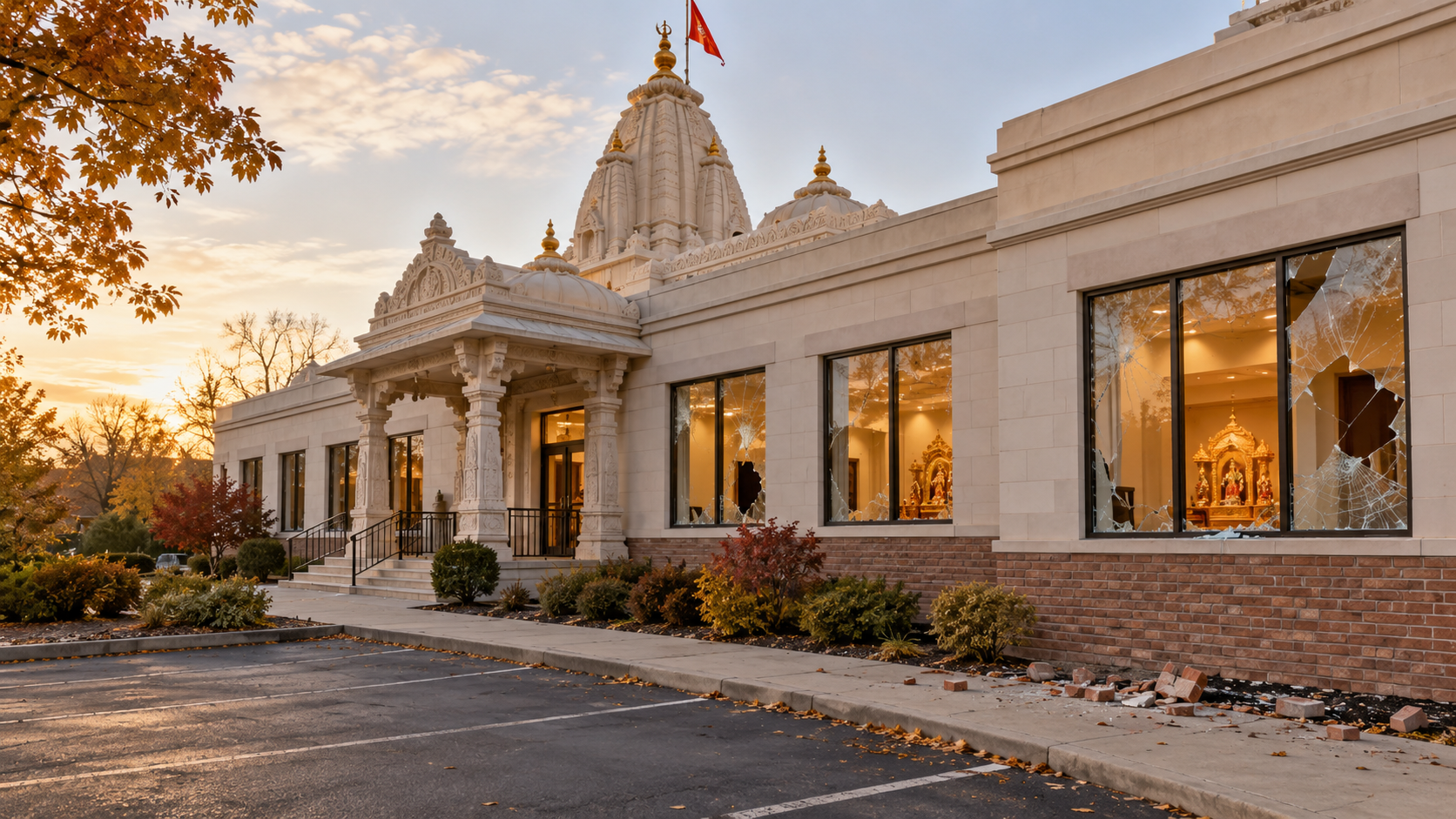 A suburban Hindu temple with several broken windows and bricks on the pavement in late-afternoon light.