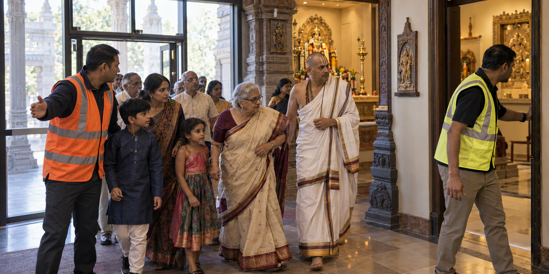 Temple volunteers guide families, an elder, and a priest away from an entrance toward a secure interior room.