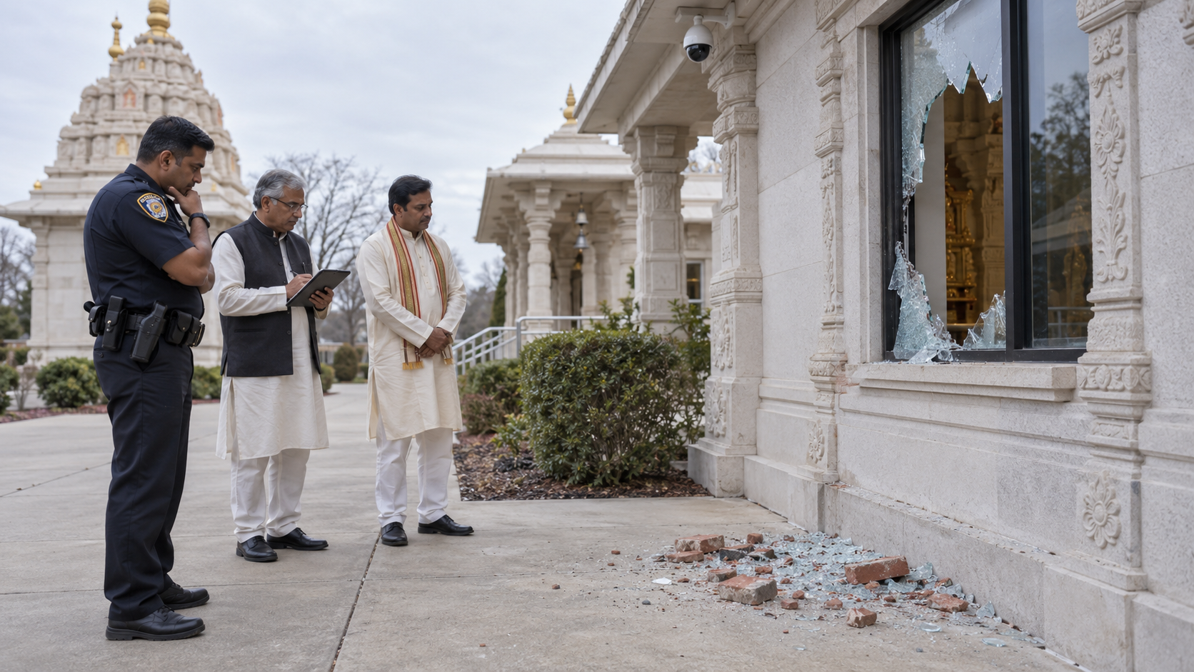 A police officer and temple administrators document an undisturbed broken window, brick fragments, and glass beneath a security camera.