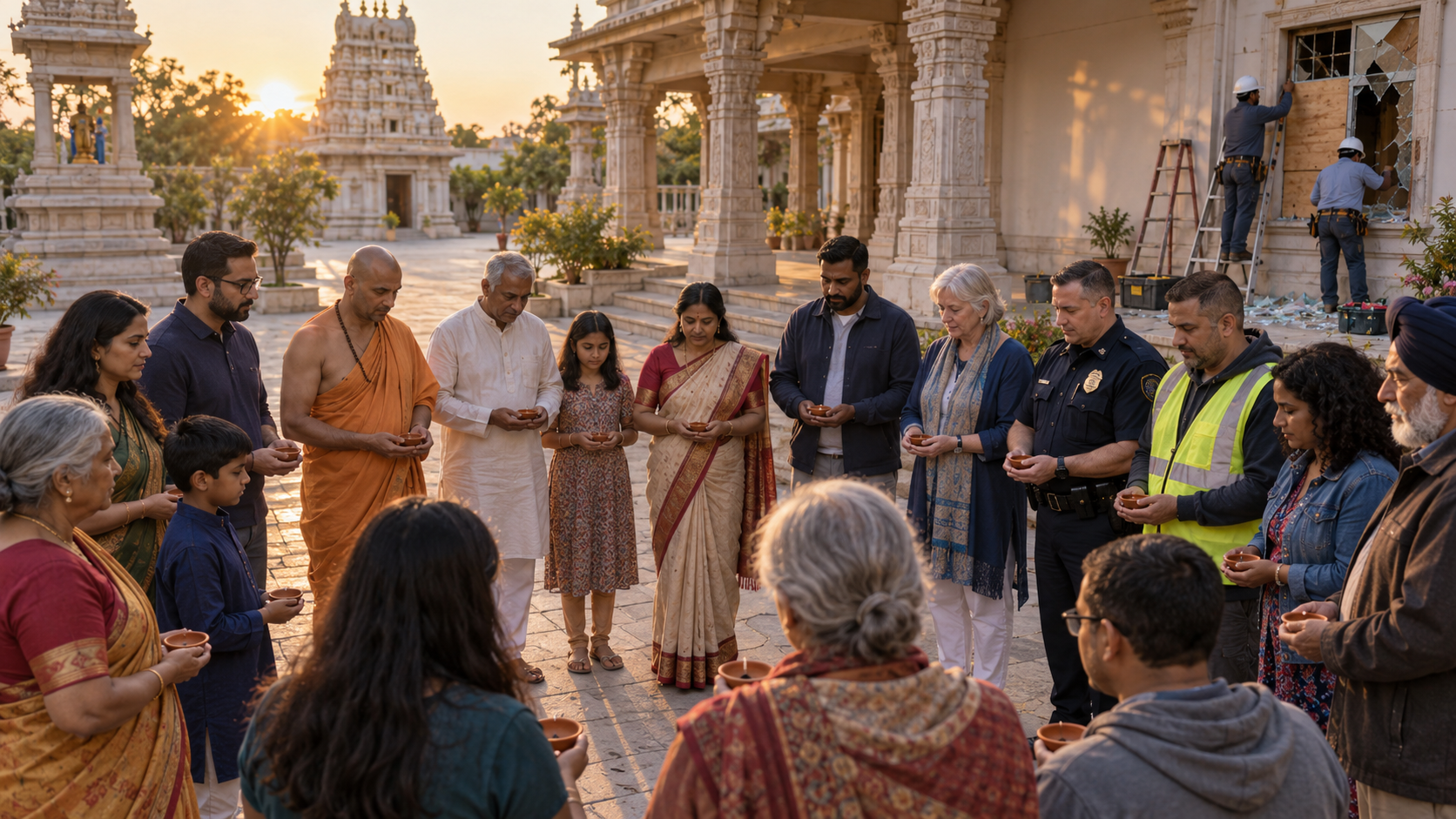 Devotees, neighbors, and civic partners gather quietly in a temple courtyard while volunteers repair a damaged window behind them.