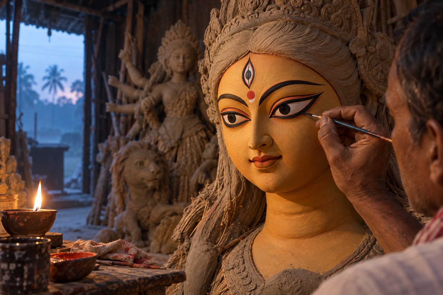 An artisan uses a fine brush to paint an eye on a clay Durga murti in a softly lit Bengali sculpture workshop.
