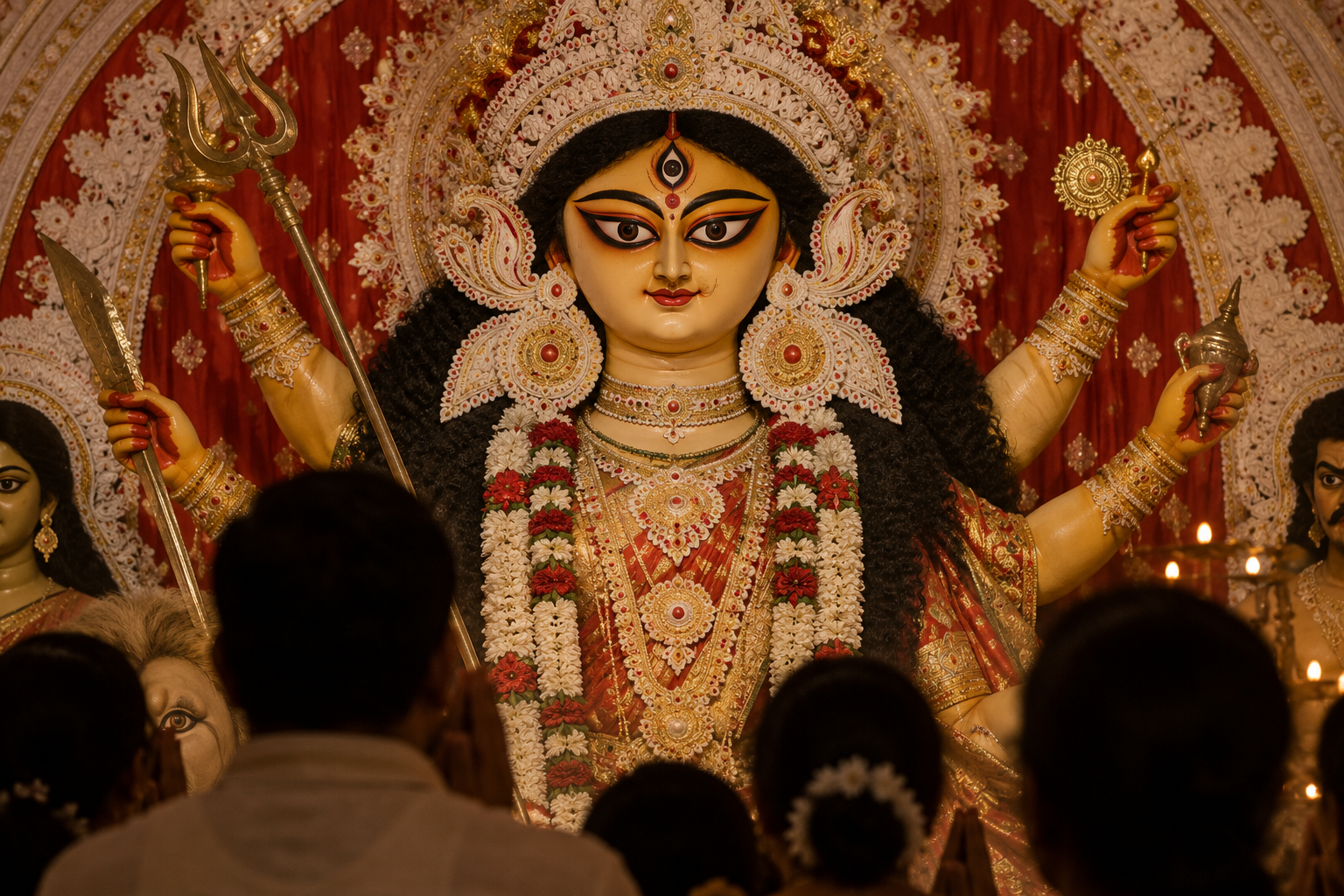 Devotees with folded hands face a completed Durga murti whose large painted eyes meet their gaze.