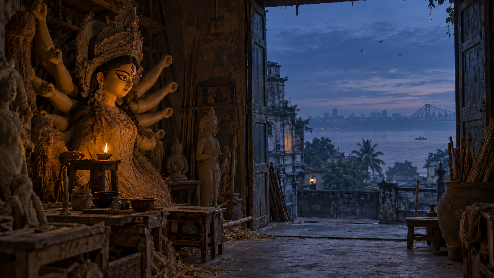 A nearly completed Durga murti glows inside an open workshop as the Mahalaya dawn brightens over a misty river beyond.
