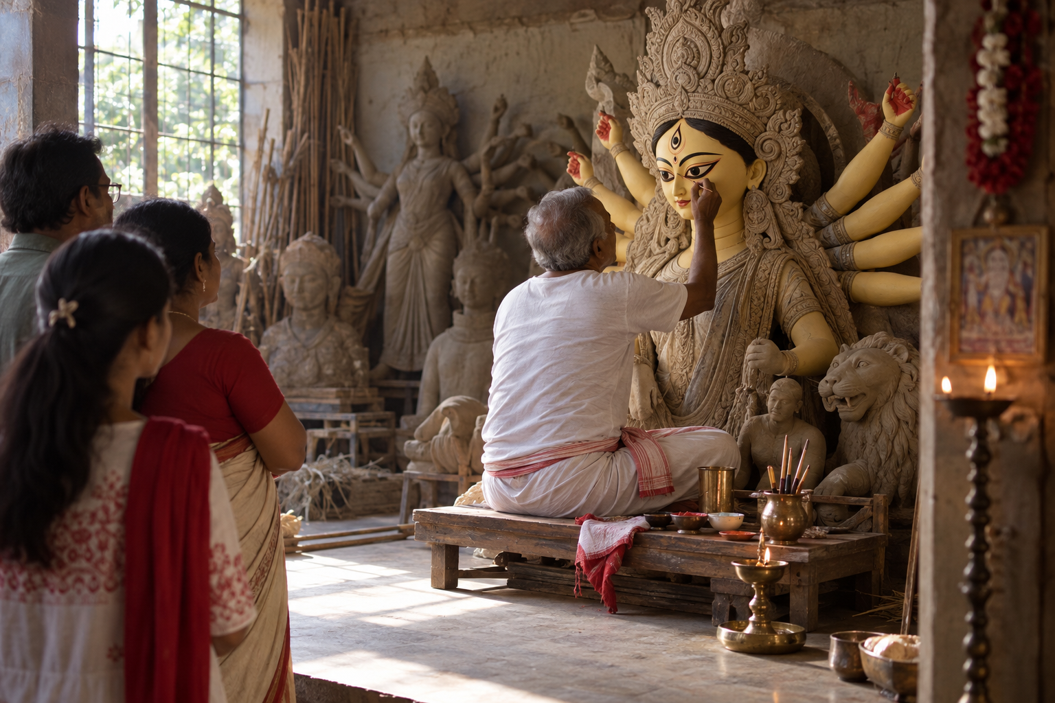 Visitors quietly observe an artisan painting the eyes of a Durga murti while keeping a respectful distance in the workshop.