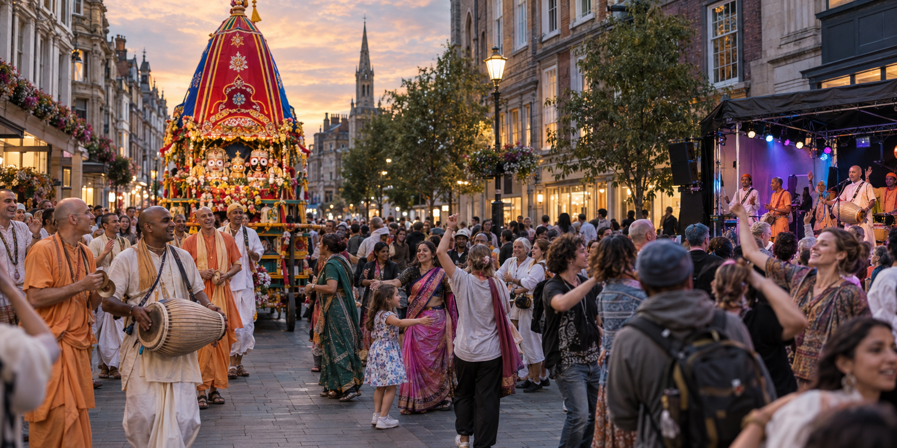 Hare Krishna devotees lead an ornate chariot procession and a contemporary music gathering on an English city street.