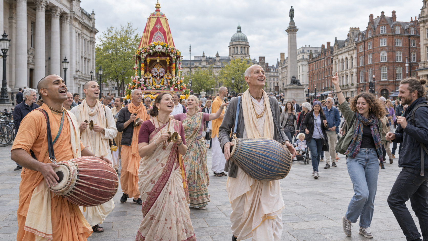 Devotees sing and play instruments beside a decorated chariot as passers-by gather in an English civic square.