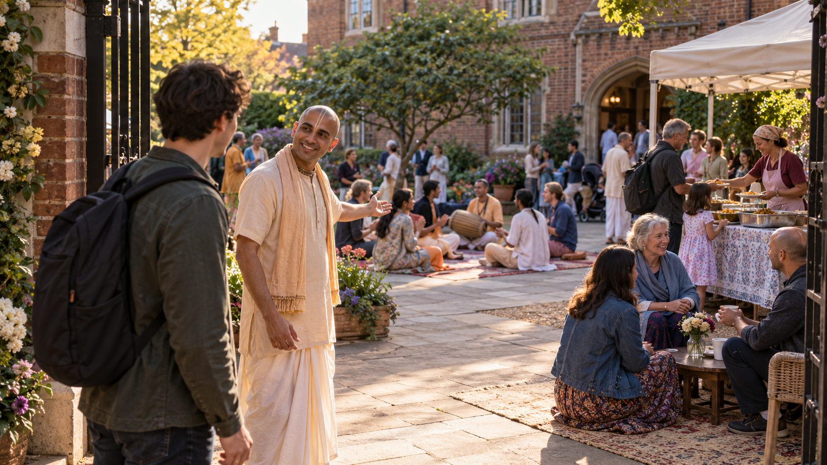 A volunteer welcomes a newcomer beside chanting, vegetarian food, and conversation areas at an outdoor devotional event.