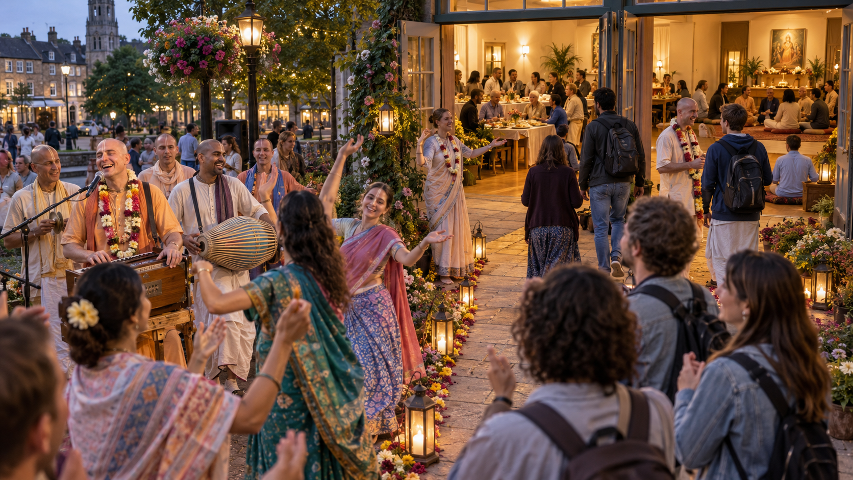 A public kirtan in an English square connects to a community hall where people share food, study, and chant.