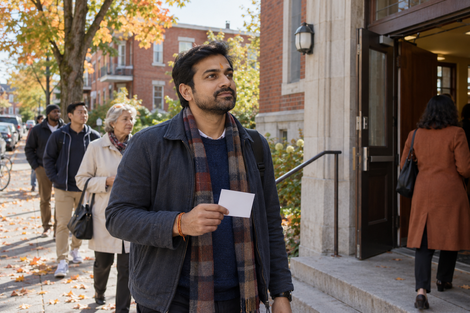 A Hindu Quebec voter holding an unmarked voter card outside a neighborhood polling place on an autumn morning.